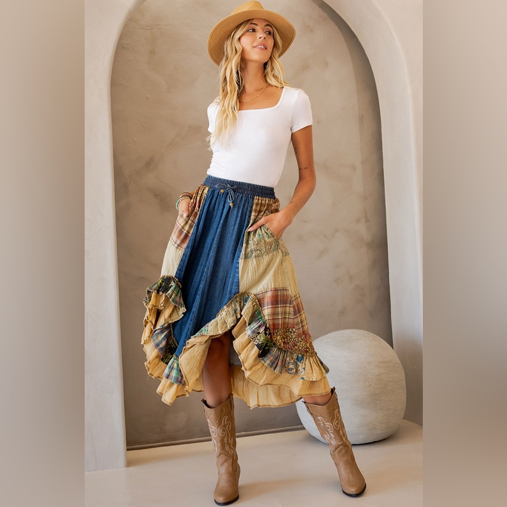 Boho Denim Patchwork Midi Skirt - Blue & Cream - Picture 3 of 3